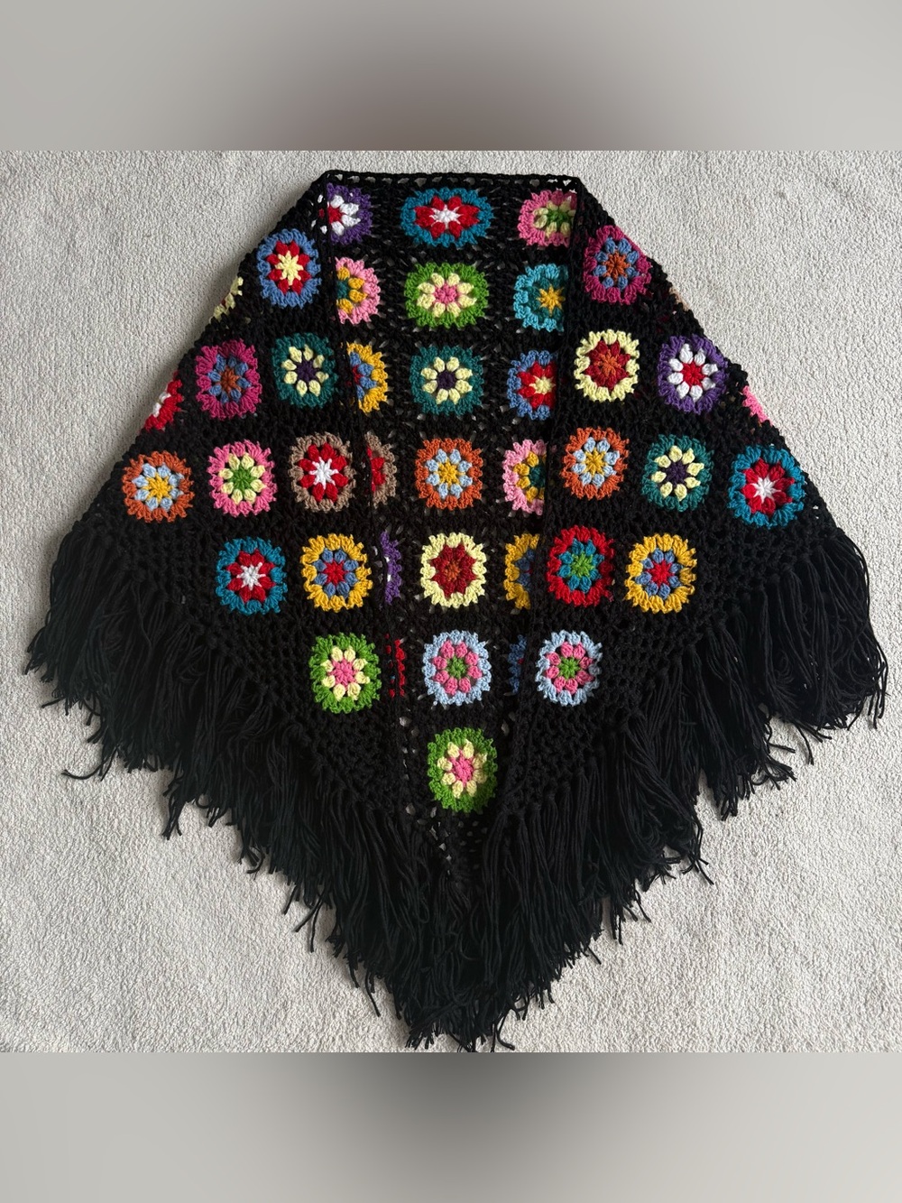 Vintage Handmade Crochet Poncho with Multicolored Granny Squares and Fringe